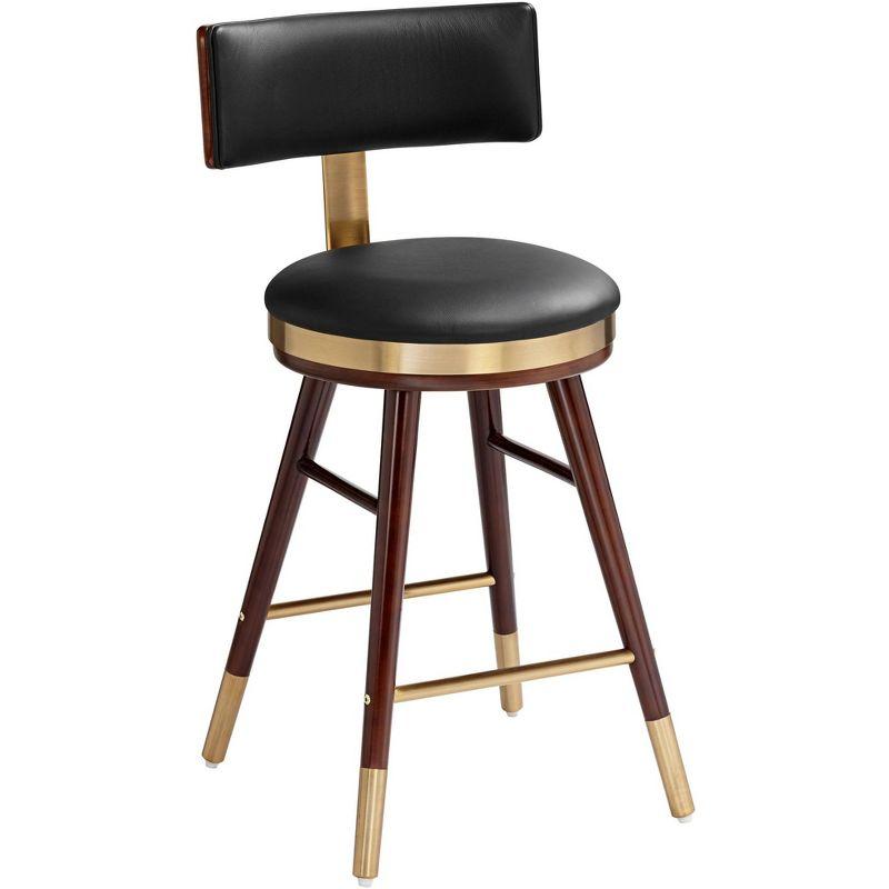 Walnut and Black Leather Counter Stool with Gold Metal Footrest