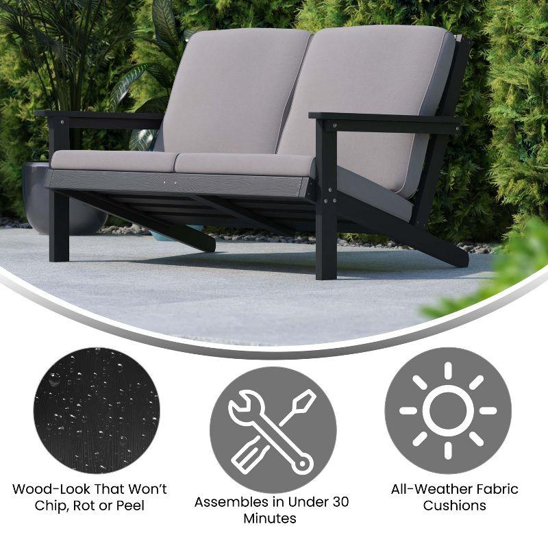 Flash Furniture Charlestown All-Weather Poly Resin Wood Adirondack Style Deep Seat Patio Loveseat with Cushions, Black/Charcoal