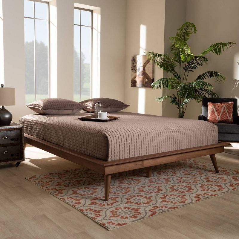 Mid-Century Modern Walnut Brown Full Platform Bed with Tufted Upholstery