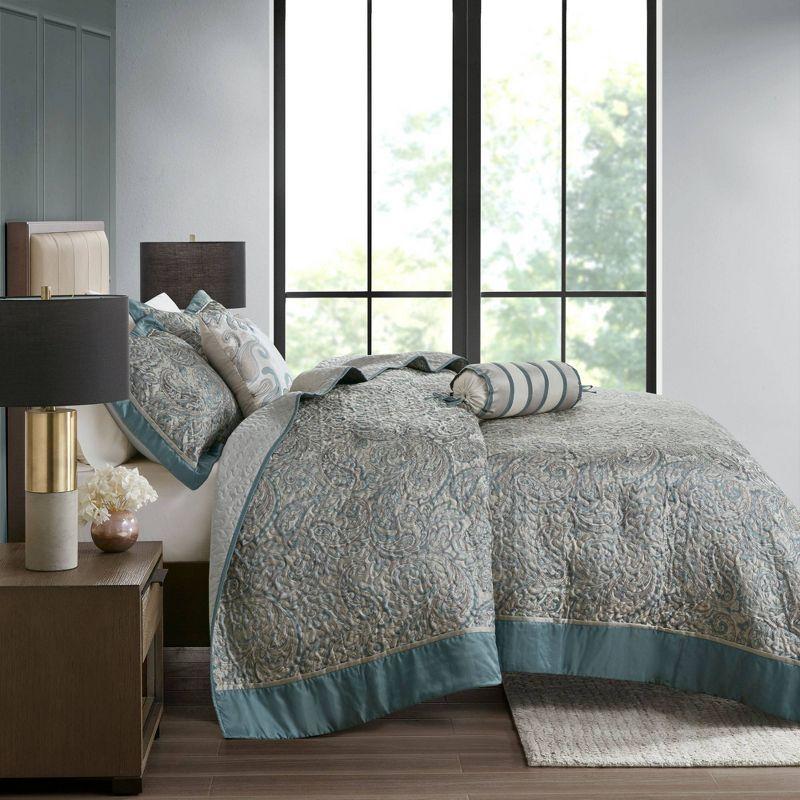 Teal and Gray Reversible Microfiber Queen Bedspread Set