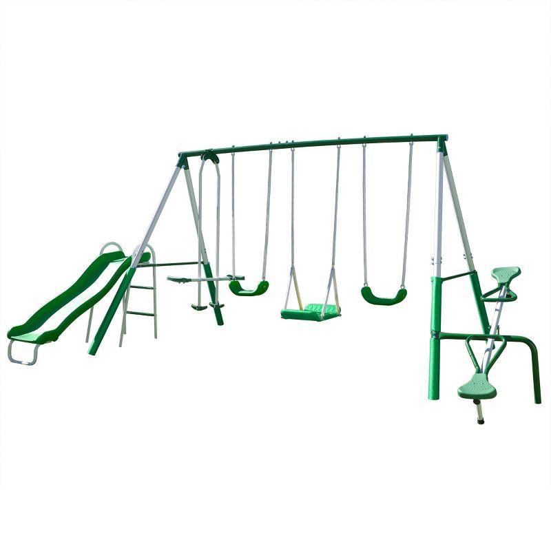 Sportspower Sportspower Park Ridge Metal Swing Set With 2 Swings, Standing Swing, 2 Person Roman Glider Swing, Teeter Totter And 5' Slide, Bonus Anchor Kit Included