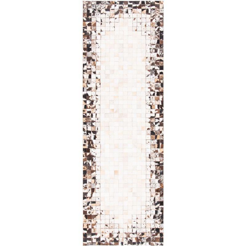 Hand-Stitched Beige & Brown Geometric Cowhide Runner Rug - 2'3" x 7'