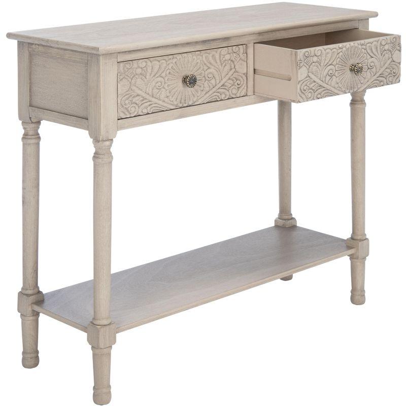 Josie Elegantly Carved Greige Wood & Metal 40'' Console Table with Storage