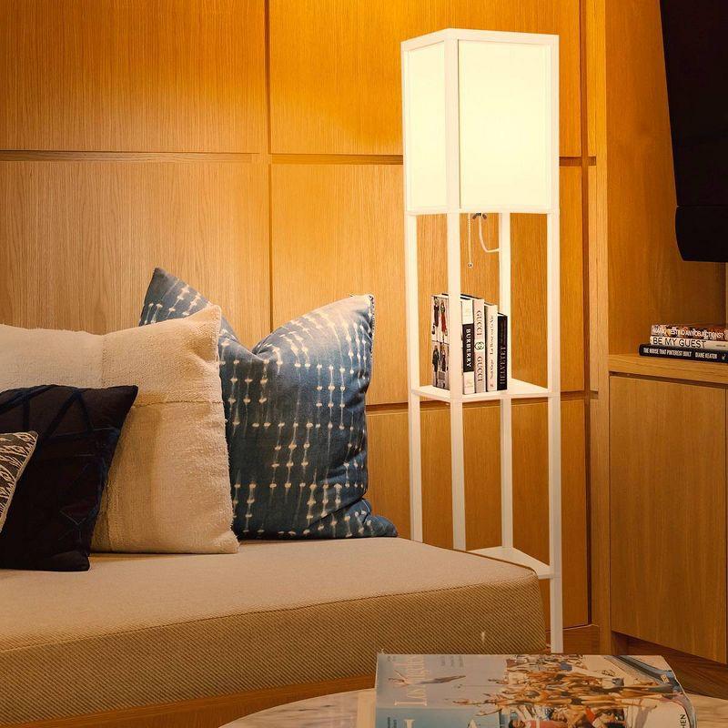 Brightech Maxwell 63" Modern LED Shelf Floor Lamp with White Finish, 3 Tiers, and Fabric Square Shade, Bulb Included