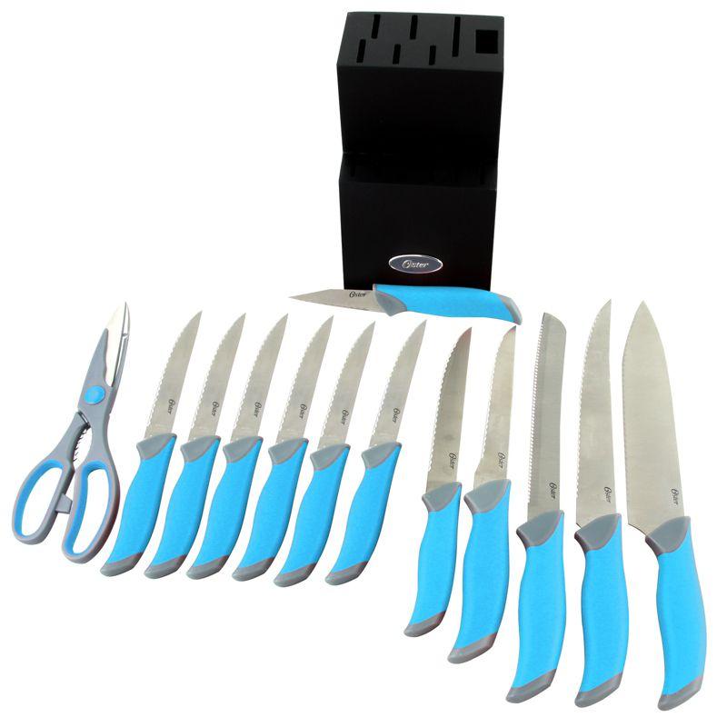 Oster Lindbergh 14 Piece Stainless Steel Cutlery Set in Teal with Wooden Block