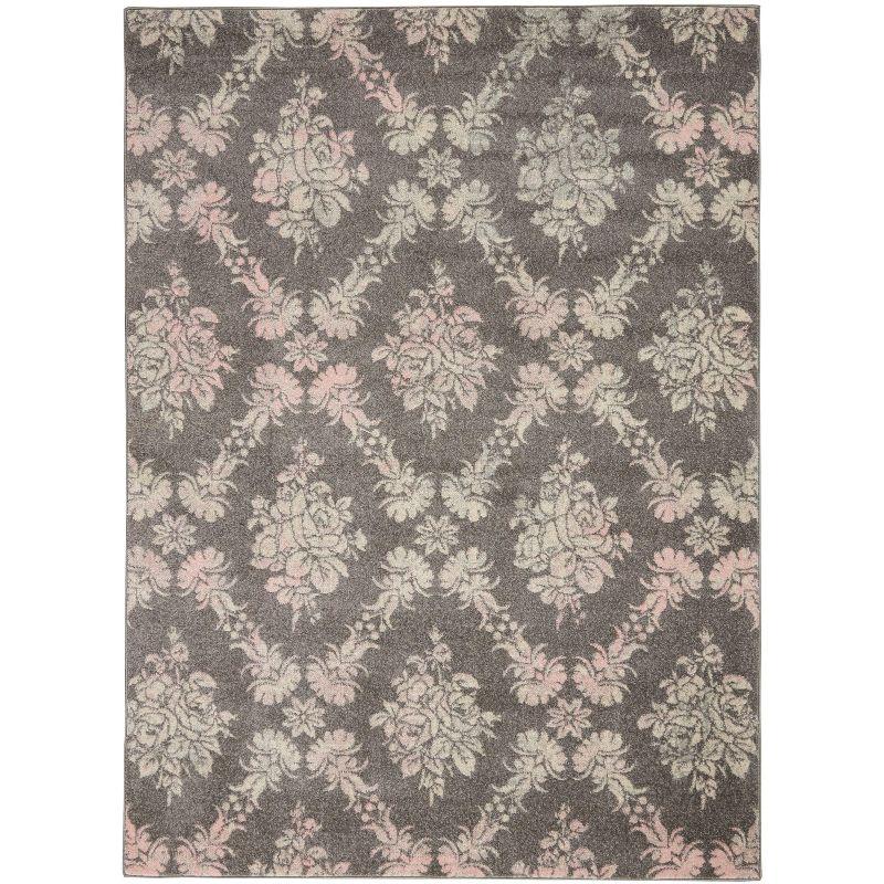 Tranquil TRA09 Grey/Pink Area Rug Vintage Floral Damask By Nourison