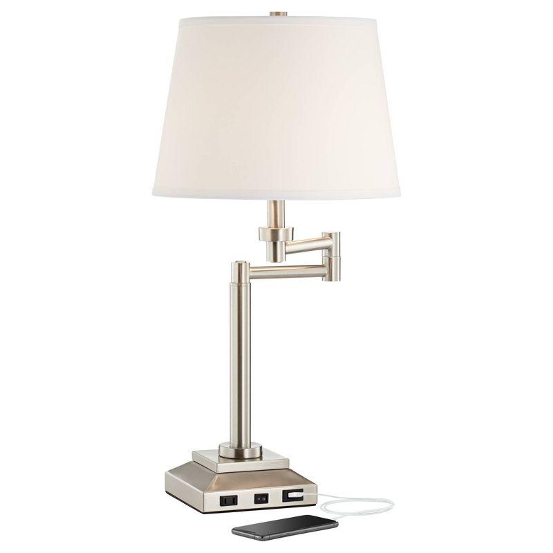 360 Lighting Camber Modern Desk Table Lamp 29" Tall Brushed Steel with USB and AC Power Outlet in Base Swing Arm Linen Shade for Bedroom Living Room