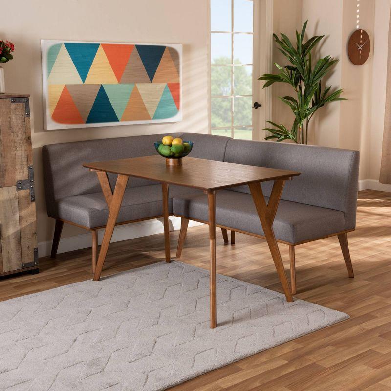 3pc Odessa Mid-Century Modern Fabric Upholstered Wood Dining Nook Set Walnut/Brown/Gray - Baxton Studio: Rectangle Table, Polyester Seat