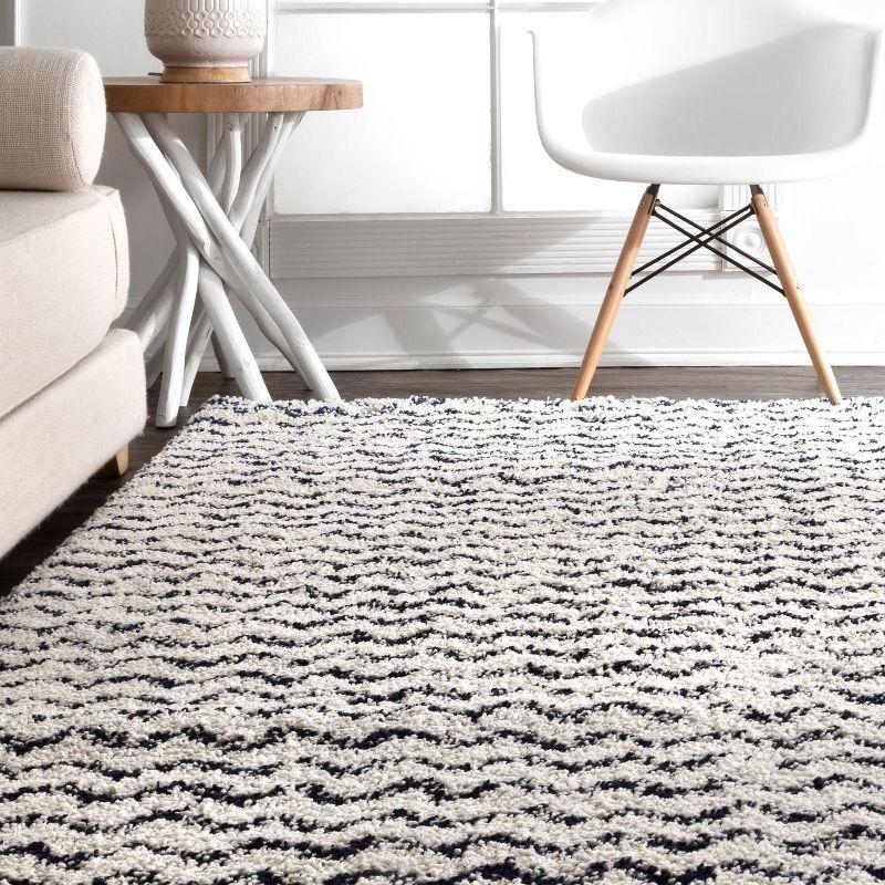 Nuloom Cuellar Striped 9x12 Shag Indoor Area Rug for Living Room Bedroom Dining Room Nursery, Navy/Ivory