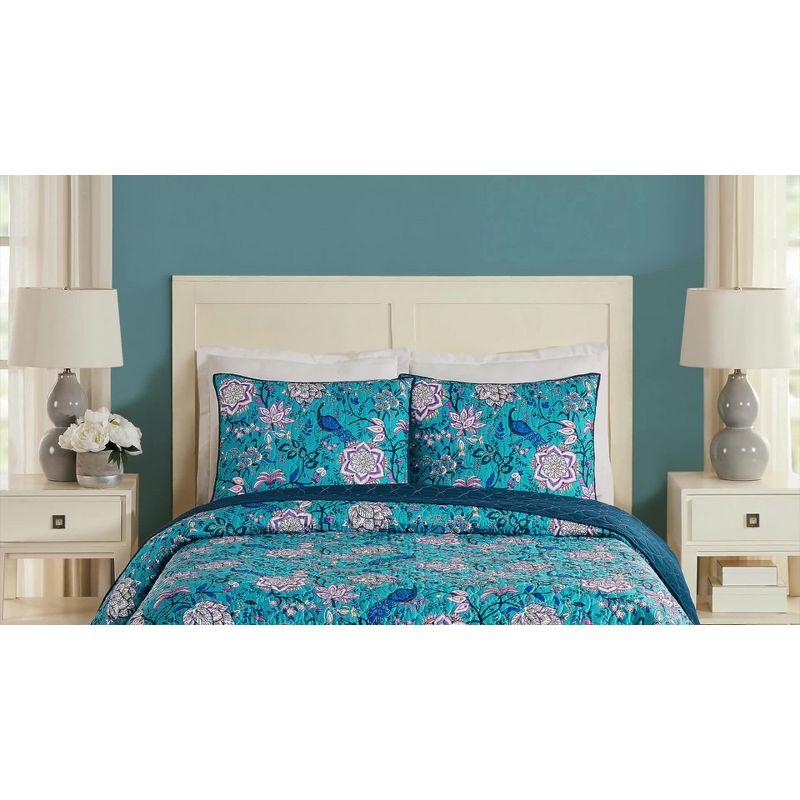 Peacock Garden Blue Microfiber Full Quilt Set