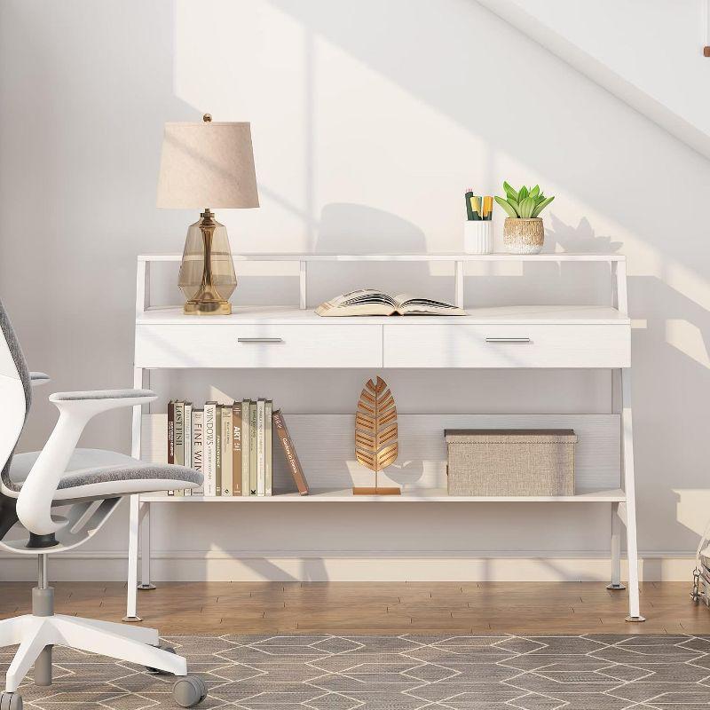 White Wood 47" Computer Desk with Drawers and Shelf