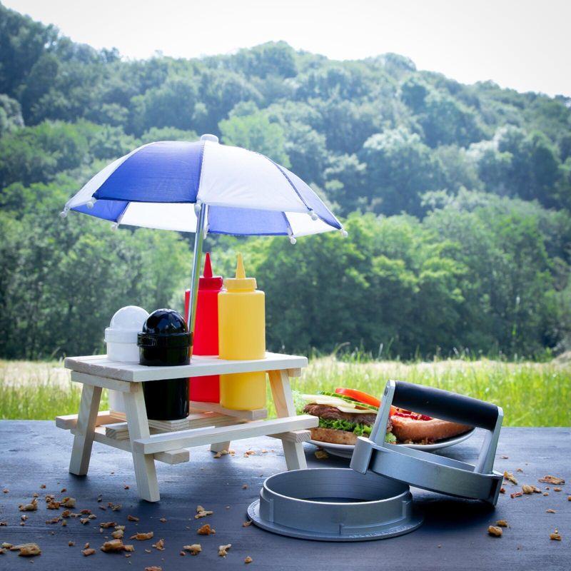 Mini Picnic Table Condiment Set with Umbrella, Pinewood and Plastic