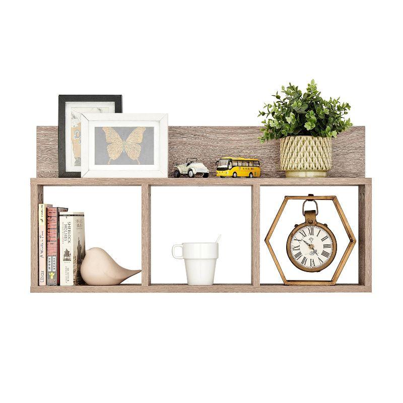 Danya B. 31.5" x 15.7" Modern 3 Cube Floating Wall Shelf with Display Ledge Weathered Oak: Laminated MDF, Iron Hardware