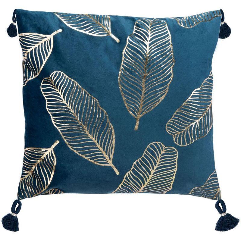 Dark Blue and Gold Feather Pattern Square Throw Pillow