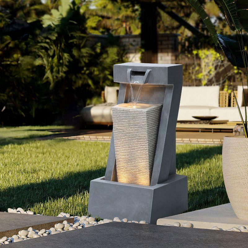 LuxenHome Gray Resin 2-Column Sculpture Outdoor Fountain with Lights