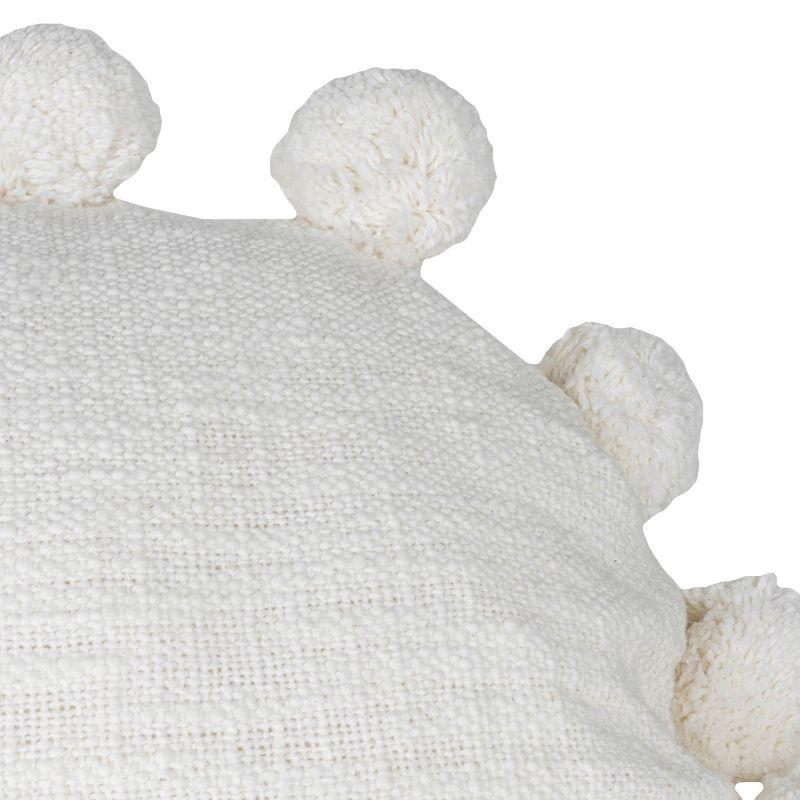 White with Pom Poms 16X16 Hand Woven Filled Round Pillow - Foreside Home & Garden