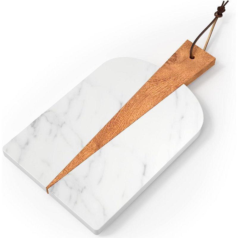 White Marble and Wood Paddle Cutting Board with Leather Strap