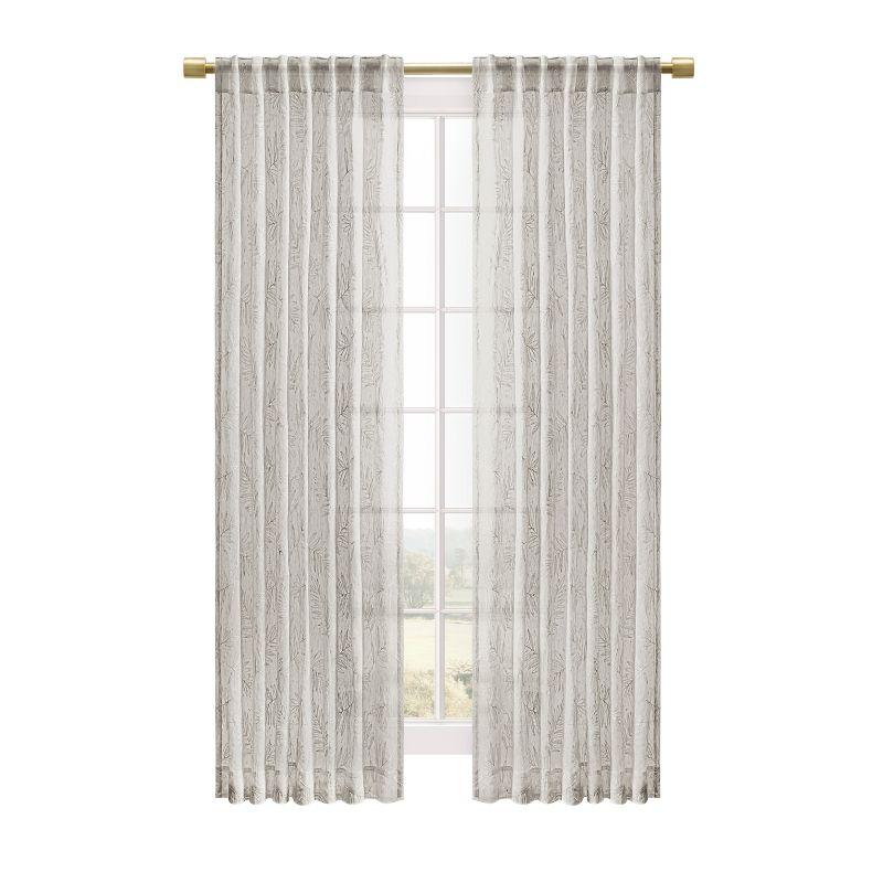 Gray Sheer Leaf Embroidered Rod Pocket Curtain Panel