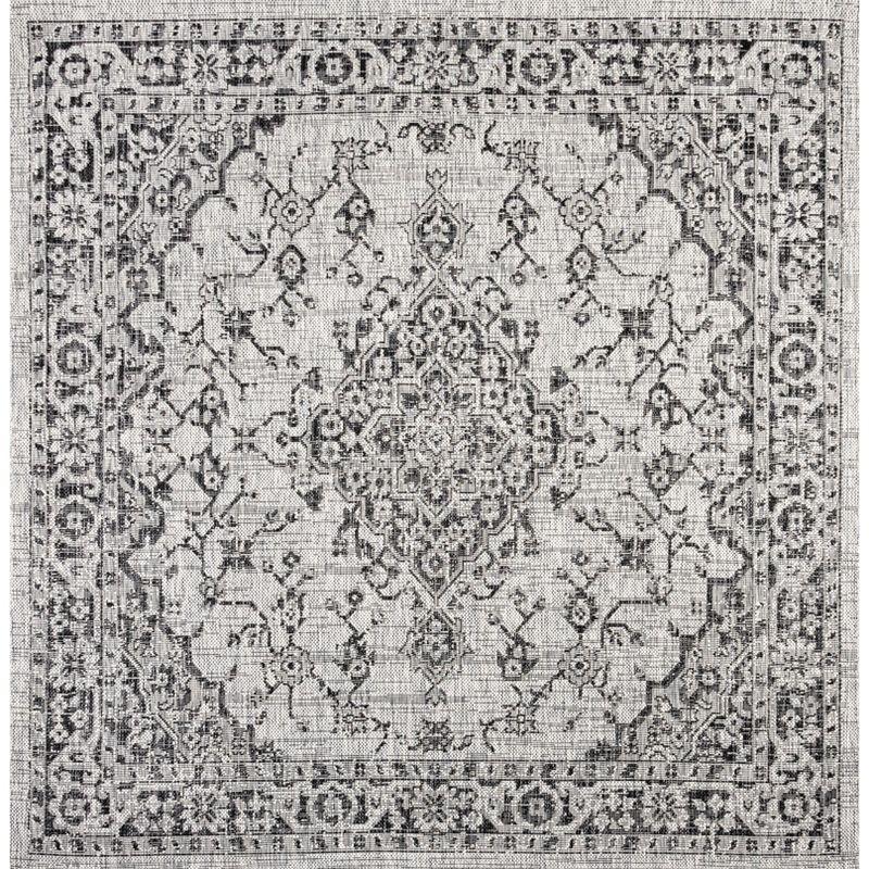 5' Square Rozetta Boho Medallion Textured Weave Indoor/Outdoor Area Rug, Gray/Black - JONATHAN Y