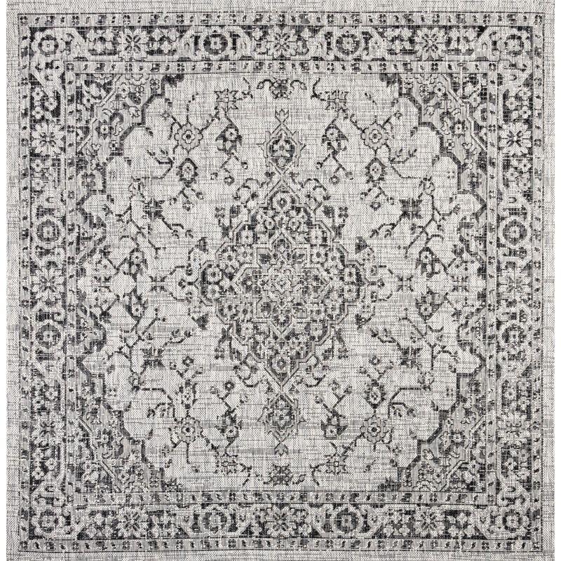 Bohemian Medallion 5' Square Indoor/Outdoor Rug in Gray/Black