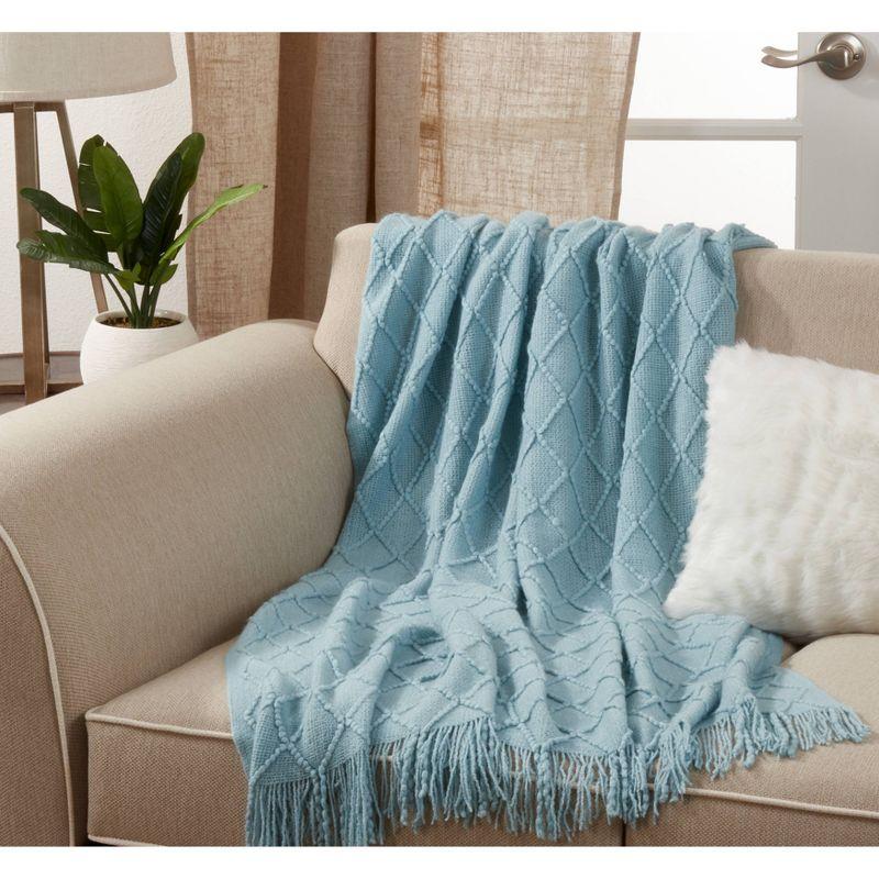 Light Blue Knitted Acrylic Throw Blanket with Fringe