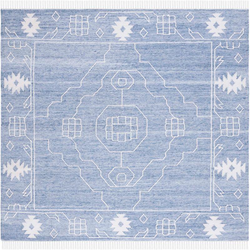 Blue and Ivory Hand-Woven Square Kilim Area Rug