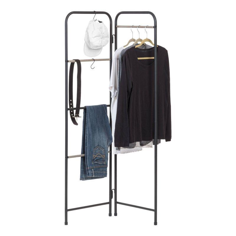 IRIS 2 Panel Free Standing Metal Garment Rack Black: Closet Clothes Stand, Wardrobe Organizer, Fixed Shelf & Hooks