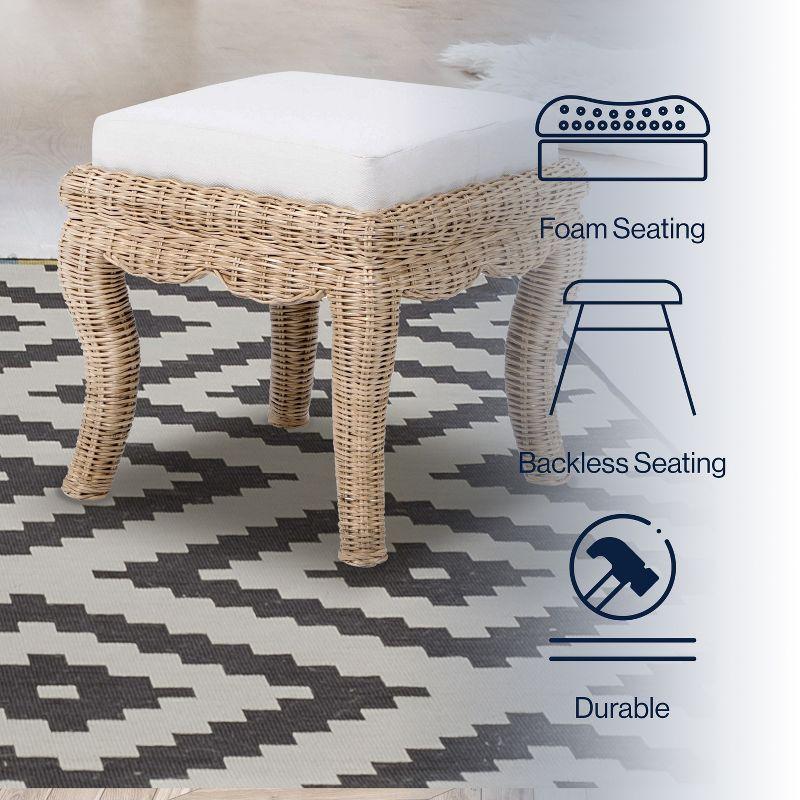 JONATHAN Y Rowan 19.7" Bohemian Designer Woven Rattan/Wood Vanity Stool, White Cushion with Natural Frame