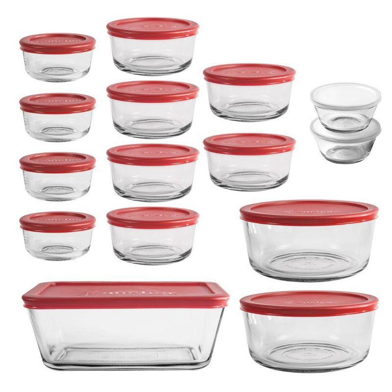 Anchor Hocking 30pc Glass Food Storage Set with Cherry Lids: Tempered Glass Containers & Bowls, Dishwasher-Safe