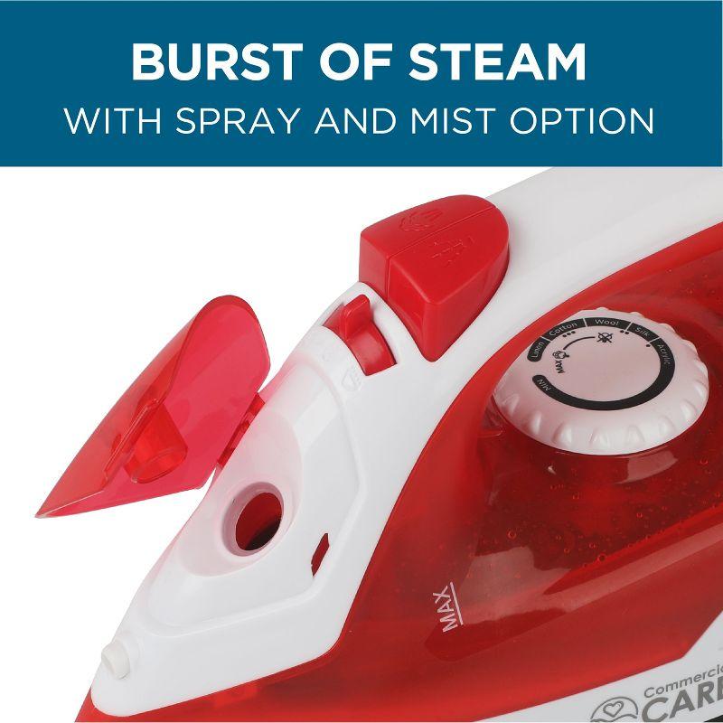 COMMERCIAL CARE Steam Iron, 1200 Watt Portable Iron, Self-Cleaning Steamer for Clothes with Nonstick Soleplate, 5.07 Oz. Tank, Red