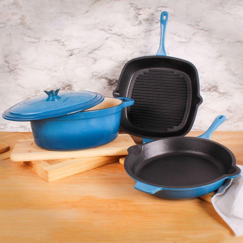 BergHOFF Neo Cast Iron 4Pc Set, Fry Pan 10", Square Grill Pan 11", & 5qt. Covered Dutch Oven, Blue