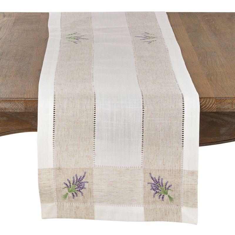 Ivory and Lavender Embroidered Hemstitch Table Runner, 15" x 70"