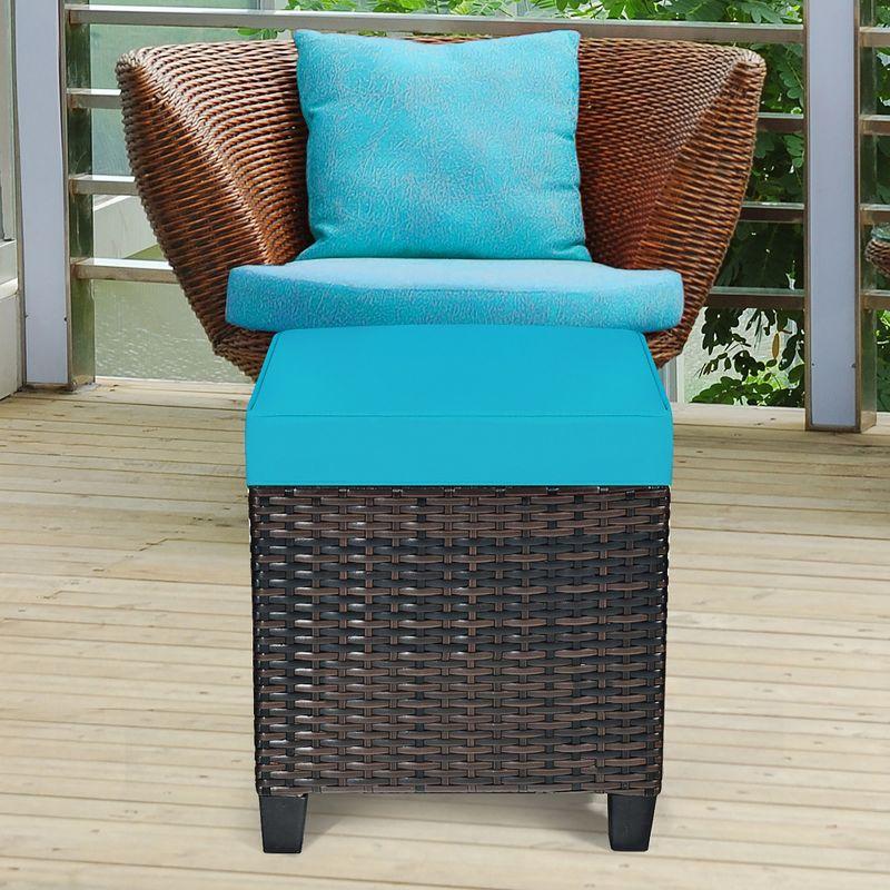 Costway 2PCS Patio Rattan Ottoman Cushioned Seat w/ Foot Rest Turquoise