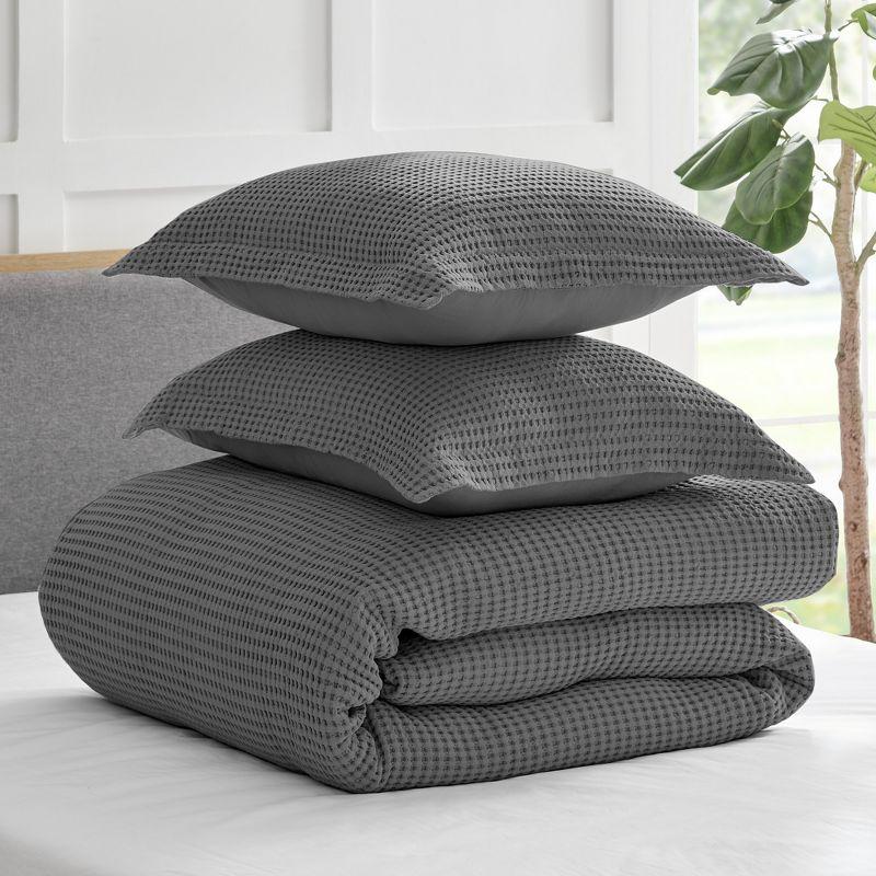 Gray Cotton Waffle Queen Duvet Cover Set