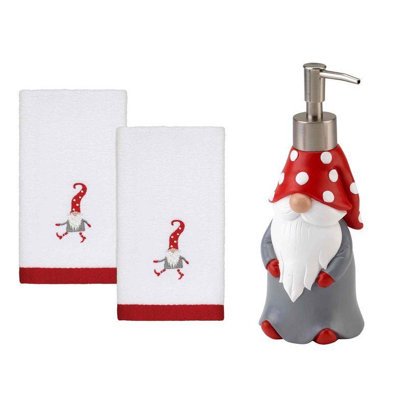 Gnome Walk Red and White Resin Lotion Dispenser with Cotton Towels