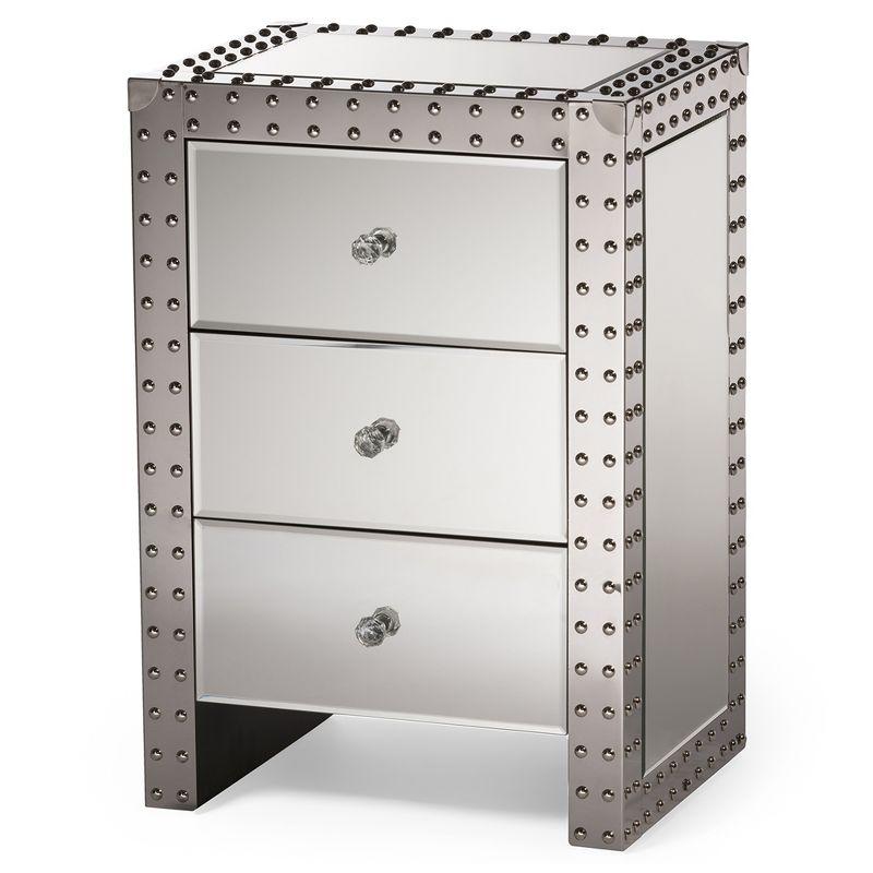 Azura Nightstand Bedside Table Silver - Baxton Studio: 3-Drawer, Crystal Knobs, Fully Assembled