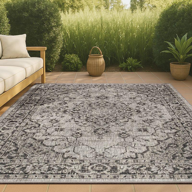 4'x6' Rozetta Boho Medallion Textured Weave Indoor/Outdoor Area Rug, Gray/Black - JONATHAN Y