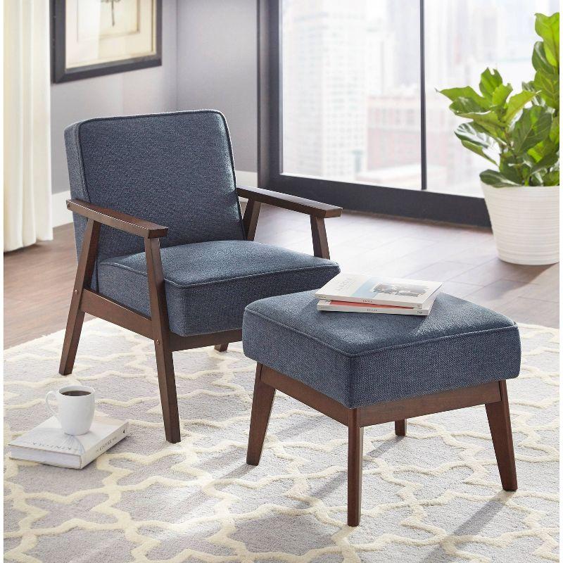 Blue Linen and Rubber Wood Mid-Century Modern Accent Chair