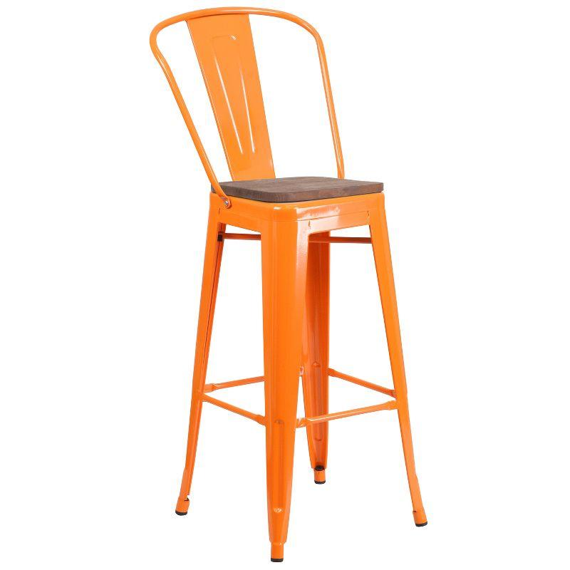 Rustic Orange 30" High Metal Barstool with Wood Seat