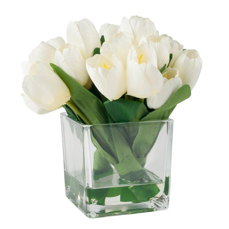 Tulip Floral Arrangement in Vase- 24 Cream Artificial Flowers with Leaves in Decorative Clear Glass Square Bowl & Faux Water for Décor by Pure Garden