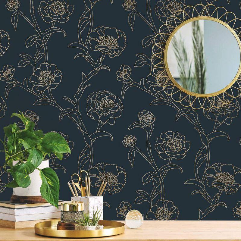 Tempaper & Co.® Peonies Removable Peel and Stick Wallpaper, Peacock Blue and Metallic Gold Floral, 28 sq. ft.: Vinyl Self-Adhesive