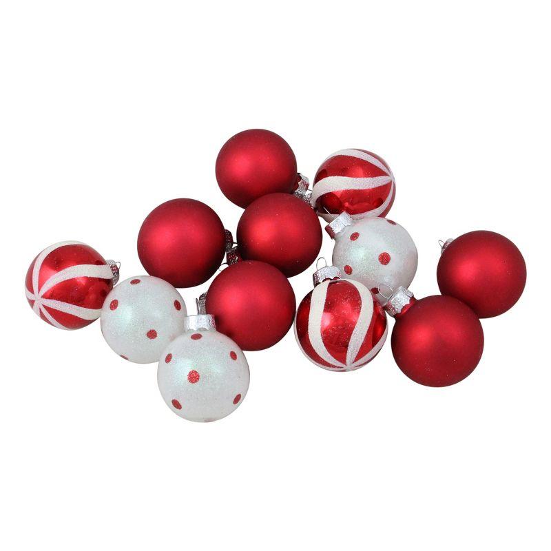 Red and White Glass 3-Finish Christmas Ball Ornament 1.75" (40mm) (Set of 12)