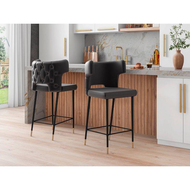 Gray Leather and Ash Wood Counter Stool with Gold Trim