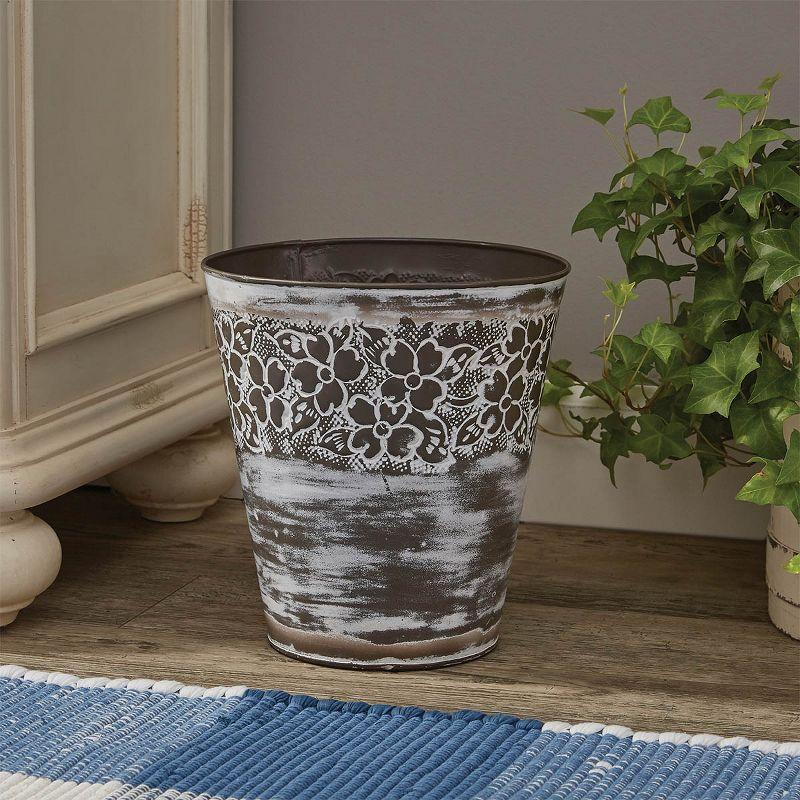 Whitewash Metal Dogwood Flower Embossed Waste Basket