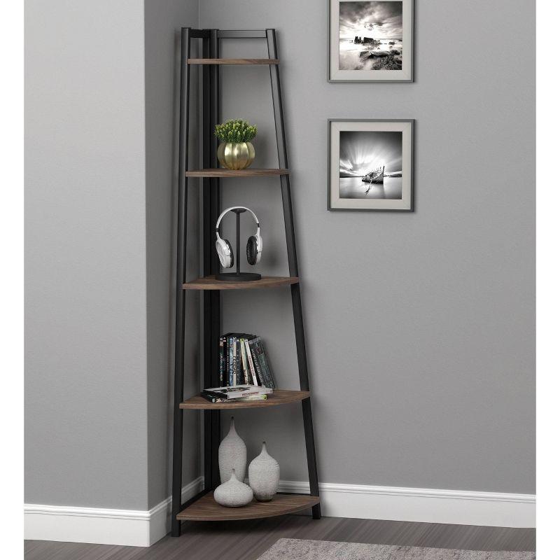 63" Walnut and Black 5-Tier Corner Bookcase