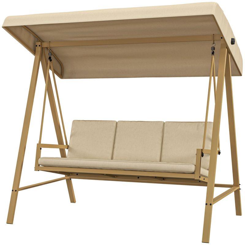 Outsunny 3-Seat Outdoor Porch Swing, Patio Swing Chair with Adjustable Canopy, Removable Cushions for Garden, Backyard, and Poolside, Beige