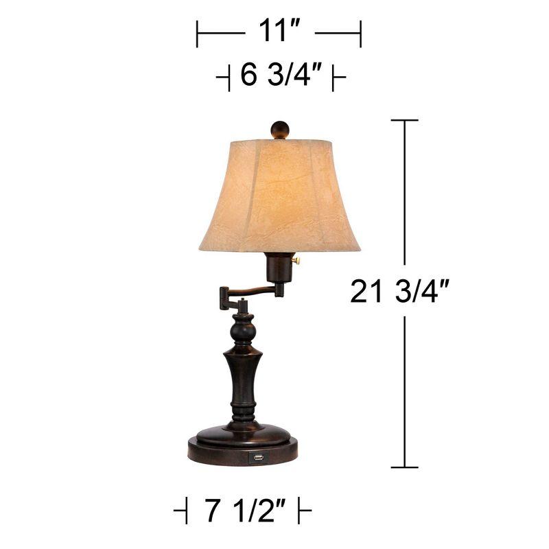 Regency Hill Traditional Desk Table Lamp Swing Arm with Hotel Style USB Charging Port 21.75" High Bronze Metal Faux Leather Bell Shade for Bedroom