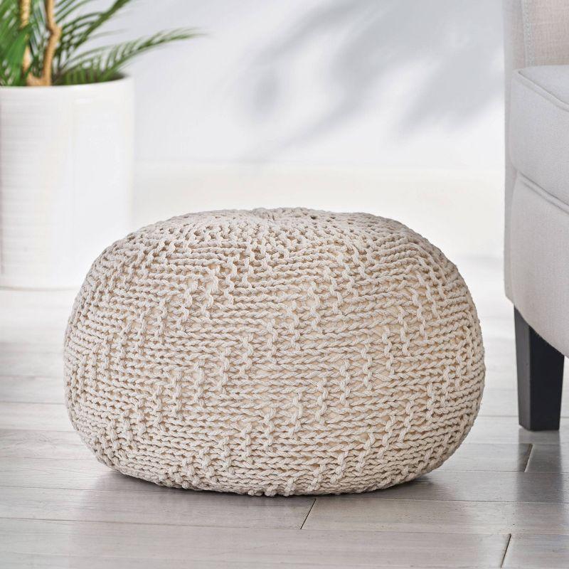 Ivory Knitted Round Pouf with Polystyrene Bead Filling