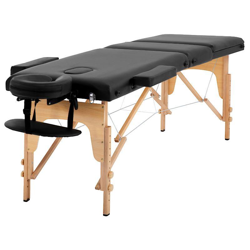 Black Adjustable Portable 3-Fold Massage Table with Beech Wood Frame