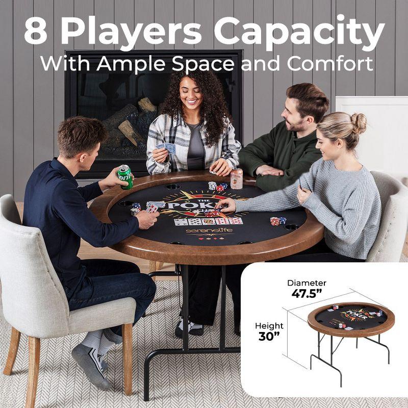 Brown Foldable 8-Player Round Poker Table with Cushioned Rail